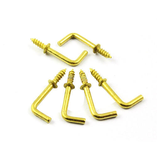 PHITUODA 100pcs 1-1/2 Inch Brass Plated Metal Screw-in Square Bend Hooks Right-Angle Self-Tapping Screws Hooks L Shape Hooks 